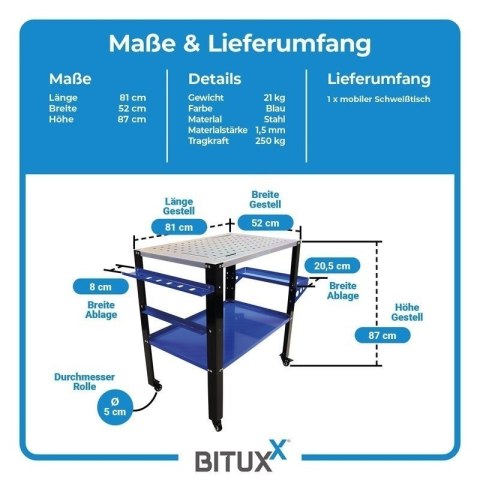 Profesjonalny stół warsztatowy/spawalniczy BITUXX na kółkach o nośności 250 kg - mobilny roboczy do spawania i montażu