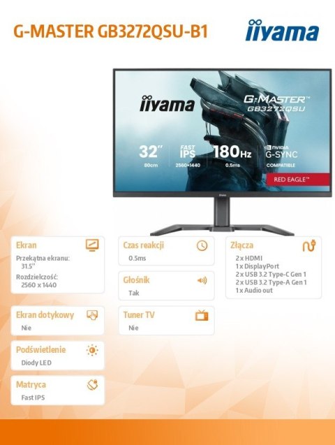 Monitor 31 5 cala GB3272QSU-B1 QHD IPS 180Hz 2xHDMI DP 400CD  2xUSB 3 2   2xUSB-C G-SYNC Compatible  2x5W    HAS 150