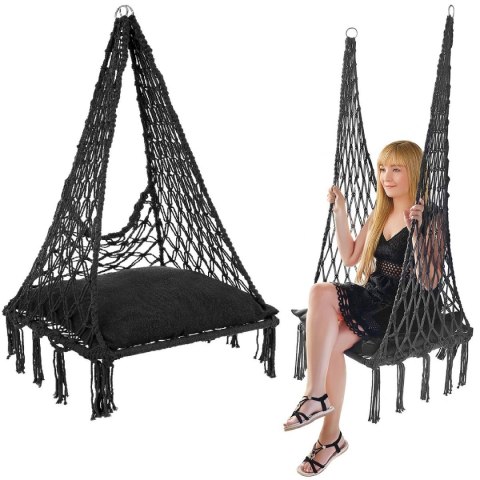 HAMAK AŻUROWY FOTEL WISZĄCY BOCIANIE GNIAZDO 60x60x115CM Z PODUSZKĄ CIEMNO SZARY
