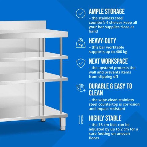 Stół blat barowy roboczy gastronomiczny z rantem 4 półki STAL 150 x 60 x 105 cm
