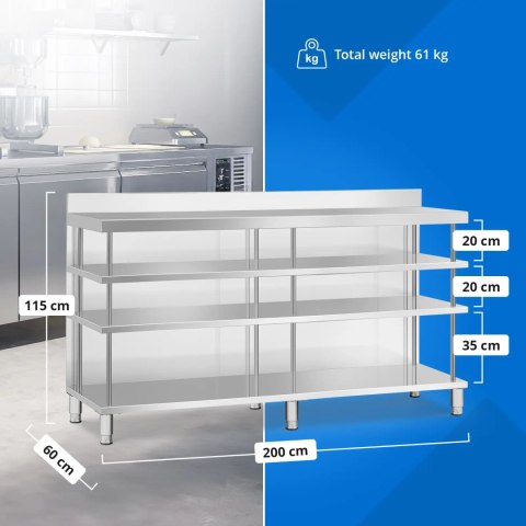 Stół blat barowy roboczy gastronomiczny z rantem 4 półki STAL 200 x 60 x 105 cm
