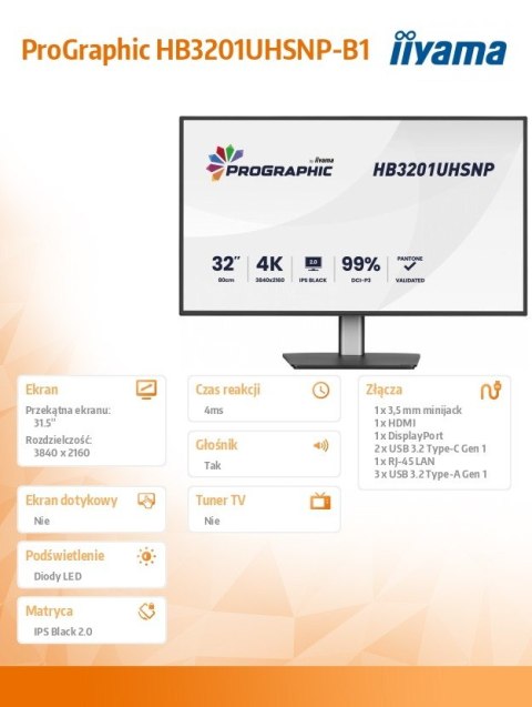 Monitor 31.5 cala ProGraphic HB3201UHSNP-B1 4K IPS BLACK 2.0 450cd VESA USB-c dock(PD:96W) HDMI DP DAISY CHAIN 4xUSB RJ45 3000:1