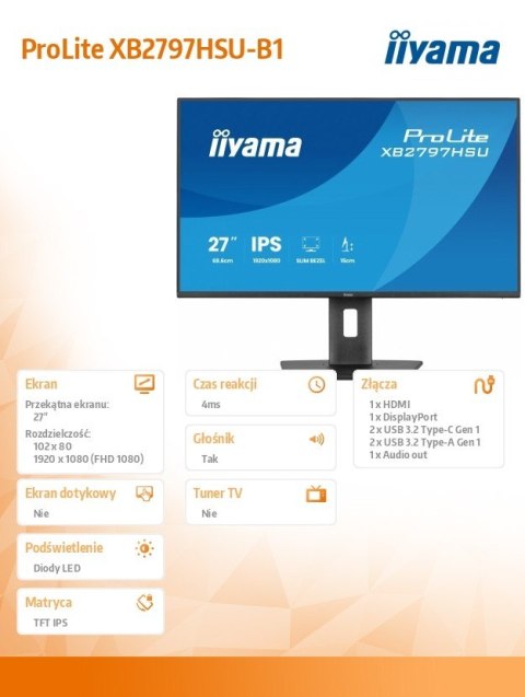 Monitor ProLite 27 cali XB2797HSU-B1 IPS FHD HDMI DP 120Hz 2xUSBv3.2  2xUSB-C  350 CD  2x2W  HAS 150 PIVOT