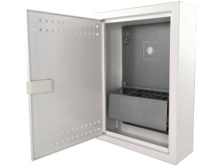 Szafka mieszkaniowa, teletechniczna, FTTH 350x250x90, natynkowa, drzwi perforowane, 1 x gn. elektryczne, 14 x gn. keystone ALANT