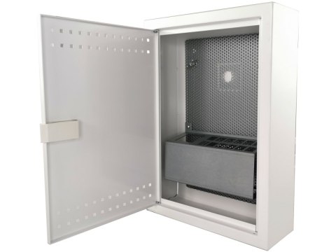 Szafka mieszkaniowa, teletechniczna, FTTH 350x250x90, natynkowa, drzwi perforowane, 1 x gn. elektryczne, 14 x gn. keystone ALANT