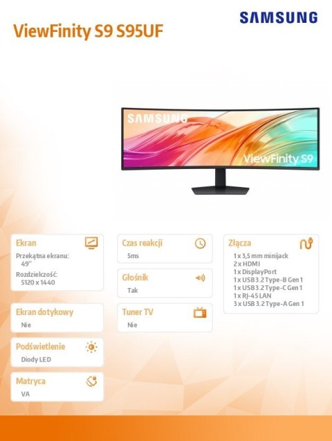 Monitor 49 cali ViewFinity S95UF VA 5120x1440 DQHD 32:9 2xHDMI 1xDP 1xUSB-C 1xUSB-B 3xUSB-A 5ms 120Hz zakrzywiony głośniki 3YOn-