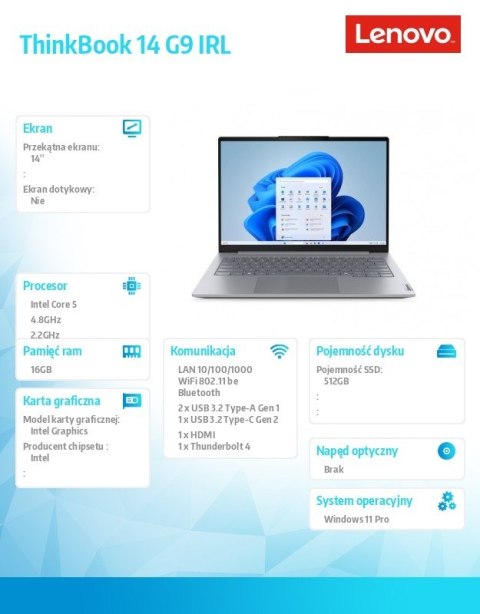 Laptop ThinkBook 14 G9 21UY007EPB W11Pro Core 5 210H 16GB 512GB INT 14 0 WUXGA Luna Grey 3YR OS + 1YR CI + CO2 Offset