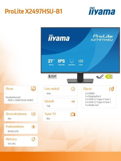 Monitor ProLite 27 cali X2797HSU-B1 IPS FHD HDMI DP 120Hz 350CD 2xUSBv3 2  2xUSB-C  GW 5lat