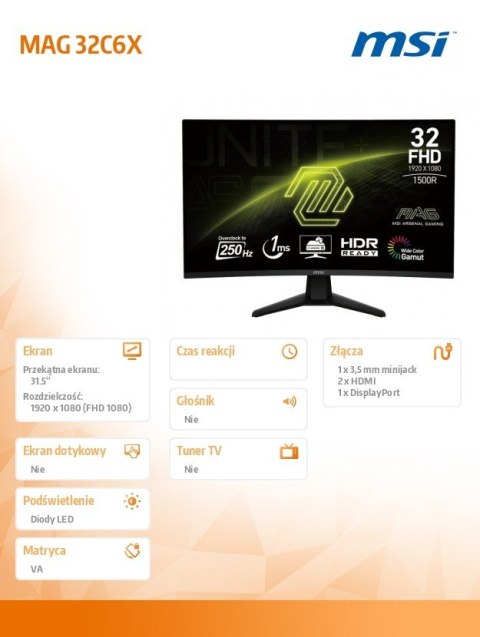 Monitor 31 5 cala MAG 32C6X LED FHD Curved 250Hz czarny