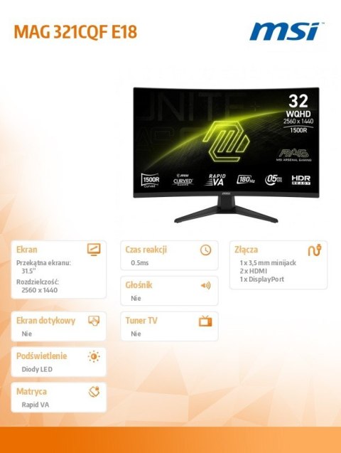 Monitor MAG 321CUPDF 31 5 cala LED WQHD LED Curved 180Hz czarny