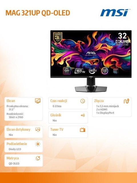 Monitor MAG 321UP QD-OLED 31 5 cala UHD LED Flat 165Hz czarny