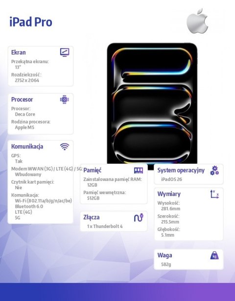 IPad Pro 13-calowy Wi-Fi + Cellular 512 GB ze szkłem standardowym - Gwiezdna czerń