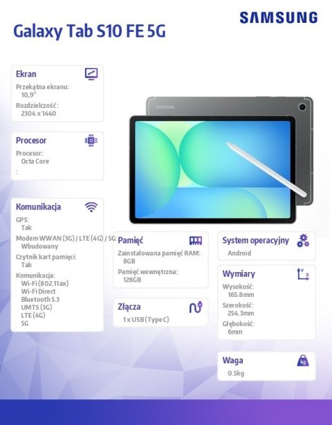 Tablet Galaxy Tab S10 FE X526 10 9 cala 5G 12 256GB szary