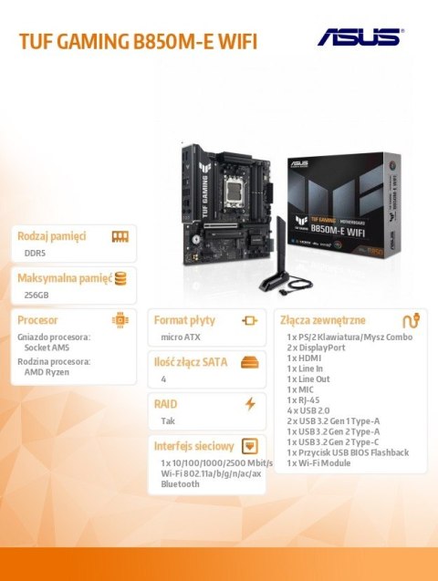Płyta główna TUF GAMING B850M-E WIFI 4DDR5 DP HDMI mATX
