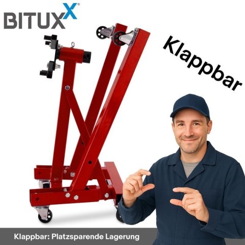 Belka Żuraw do silnika do 900kg Bituxx Czerwona składana podpora na kółkach