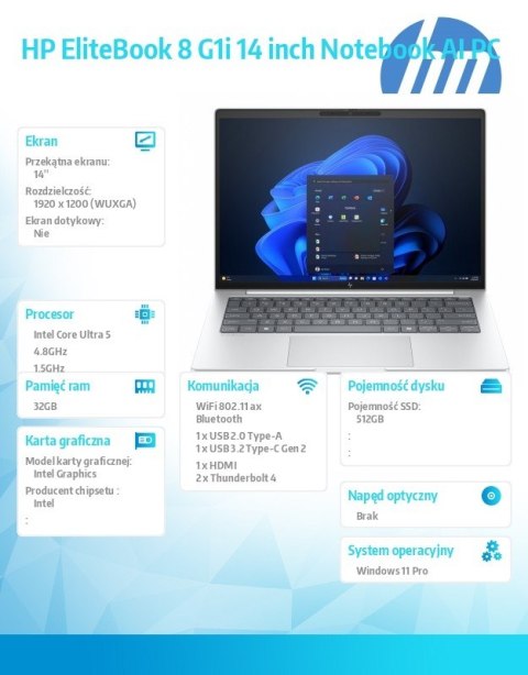 Notebook EliteBook 8 G1i U5-225U 512GB 32GB W11P 14 0 C51LQET