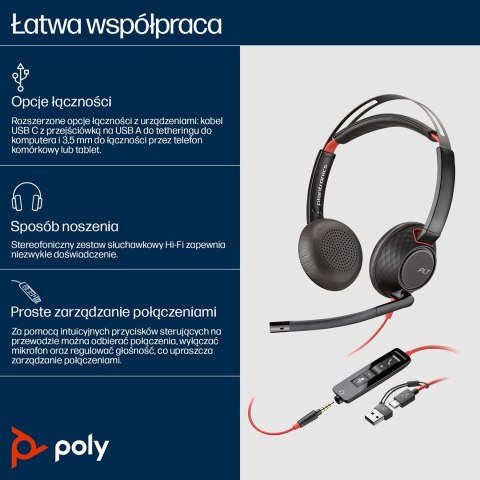 Poly Blackwire 5220 Stereo USB-C Headset +3.5mm Plug +USB-C/A Adapter 8X231AA