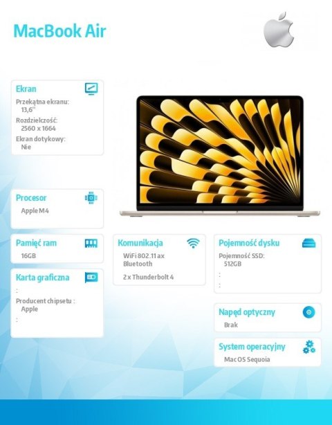 MacBook Air 13 6 cala: M4 10 10  16GB  512GB SSD  35W  US - Księżycowa poświata