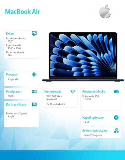 MacBook Air 13 6 cala: M4 10 10  16GB  512GB SSD  70W - Północ