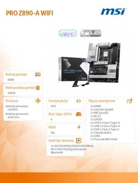 Płyta główna PRO Z890-A WIFI s1851 4 DDR5 HDMI DP ATX