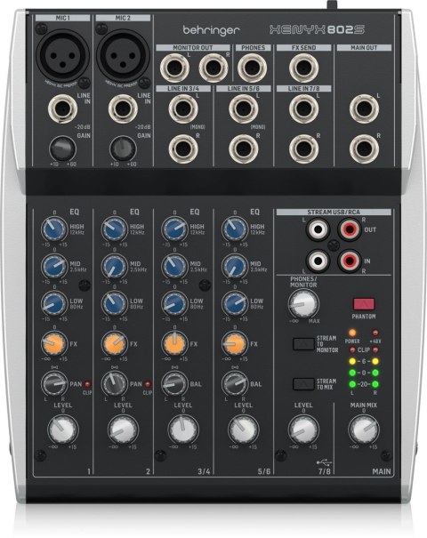 Behringer 802S - 8-kanałowy kompaktowy mikser analogowy z interfejsem USB zaprojektowany specjalnie do obsługi podcastów, stream