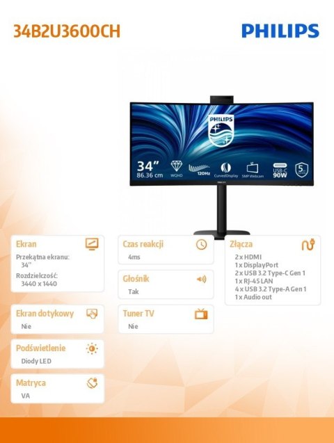 Monitor 34 cale 34B2U3600CH Curved VA HDMIx2 DP HAS USB-C RJ45 KVM