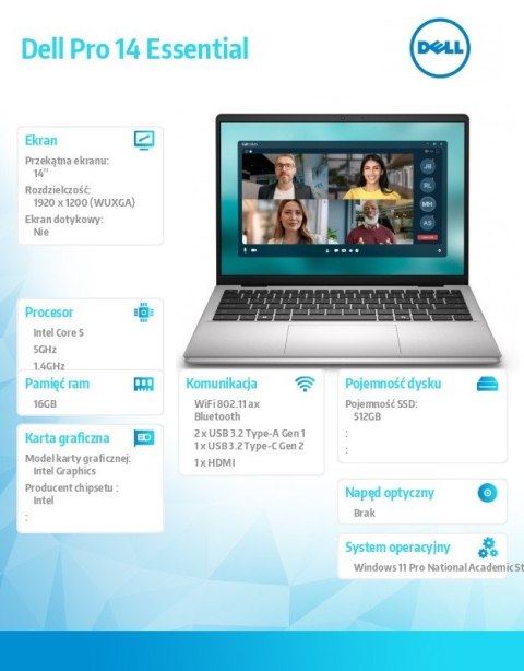 Laptop Dell Pro 14 Essential PV14250 W11P EDU C5 120U 16GB 512GB Intel Graph FgrPr WLAN+BT 14.0 BcklKb 4C 65W 5YRS Plat Silver (