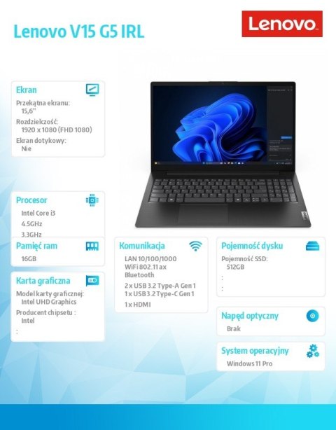 Laptop V15 G5 83GW009CPB W11Pro i3-1315U 16GB 512GB INT 15.6 FHD Business Black 3YRS OS + 1YR CI