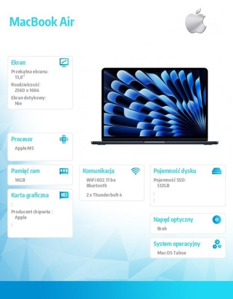 MacBook Air 13 6 cala: M5 10 8  16GB  512GB SSD  bez zasilacza - Północ