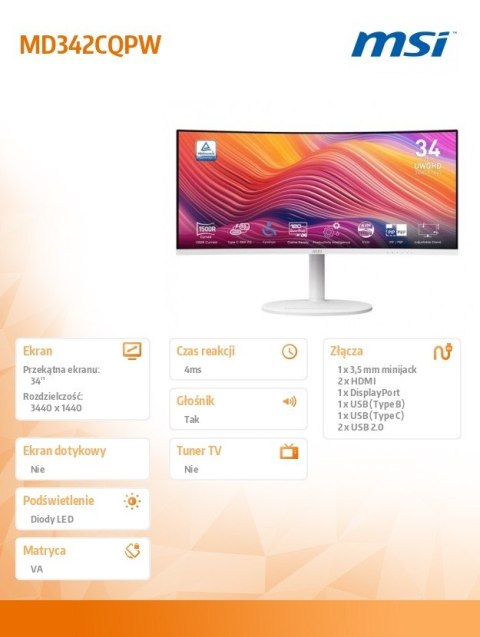 Monitor Modern MD342CQPW 34 cale LED UWQHD Curved 120Hz czarny