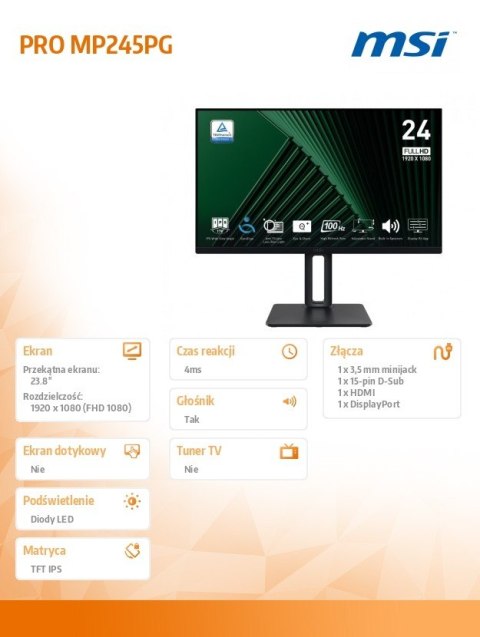 Monitor 23.8 cala PRO MP245PG LED FHD Flat 100Hz czarny
