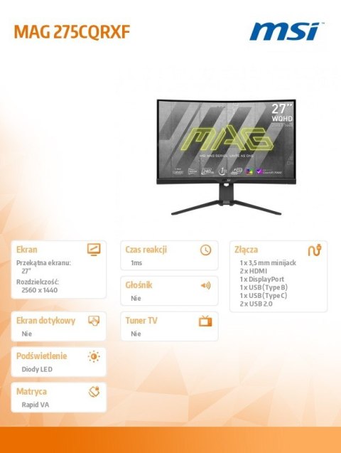Monitor 27 cali MAG 275CQRXF LED QHD Curved 240Hz czarny