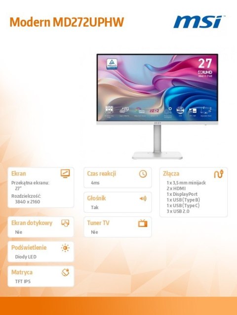 Monitor 27 cali Modern MD272UPHW LED UHD Flat 60Hz biały