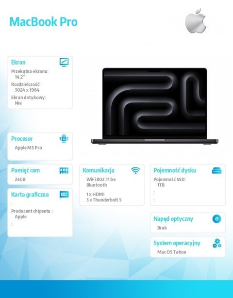 MacBook Pro 14.2 cala: M5 Pro 15 16  24GB  1TB SSD  bez zasilacza - Gwiezdna czerń