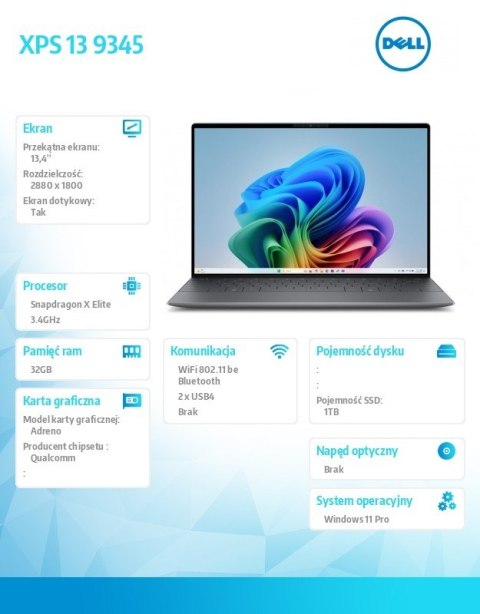 Laptop XPS 13 9345 Win11Pro XELITE12C 32GB 1TB 13 4 OLED Touch UMA GPU FgrPr FHD IR Cam Mic WLAN + BT Backlit Kb 3 Cell 3Y Basic