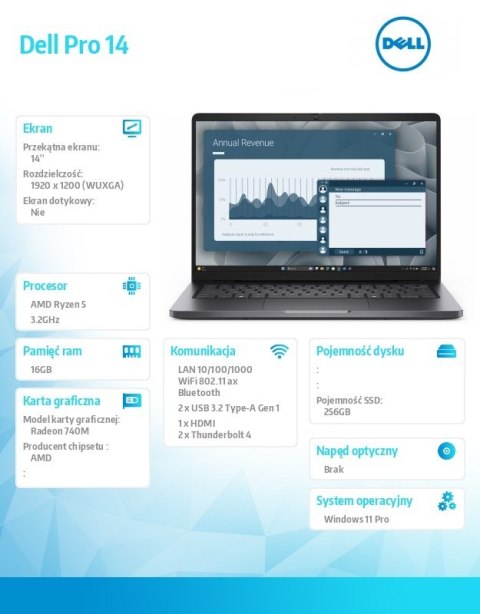 Laptop Dell Pro 14 PC14255 AMD Ryzen 5 220 16GB 256GB CL35 14 0 FHD+ Radeon 740M FgrPr Cam & Mic WLAN + BT Backlit Kb 3 Cell W11