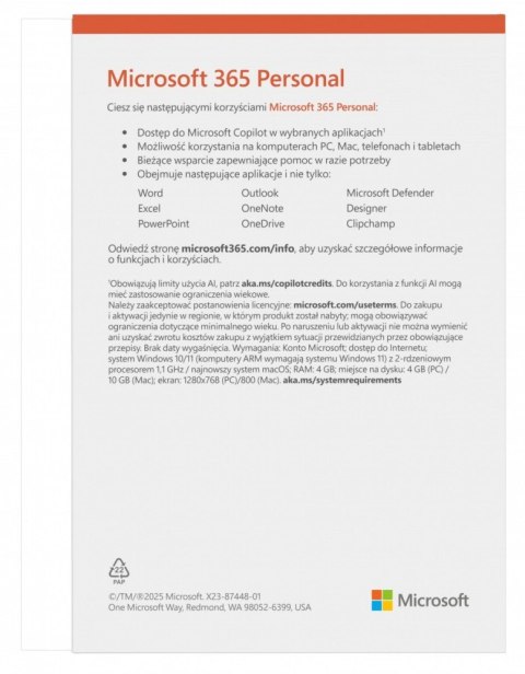 M365 Personal PL 1Y 1U 5D Win Mac Box EP2-32454 Zastępuje P N: QQ2-01752