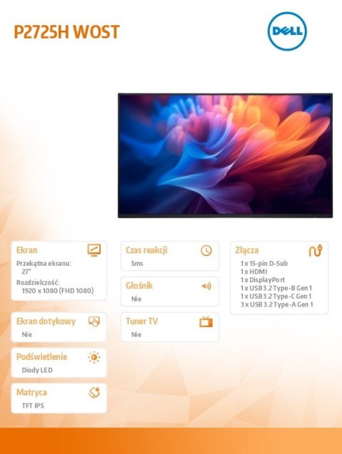 Monitor 27 cali P2725HWO IPS LED FullHD(1920x1080) 16:9 HDMI DP USB-C  VGA USB Bez podstawy 3Y