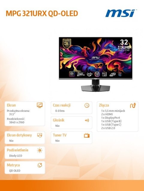Monitor 31.5 cala MPG 321URX QD-OLED QD-OLED LED UHD Flat 240Hz czarny