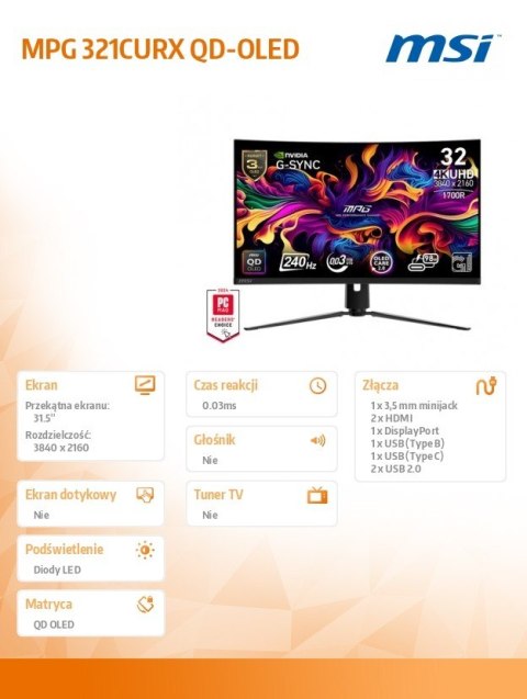 Monitor MPG 321CURX QD-OLED/31.5 cala/LED/UHD/Curv/240/Black