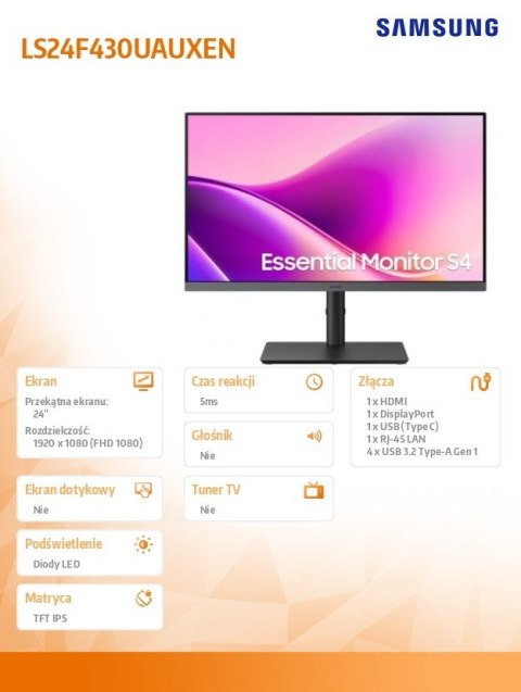 Monitor 24 cale S43UF IPS 1920x1080 FHD 16:9 1xHDMI 1xDP 1xUSB-C 4xUSB-A 3.2 5ms 100Hz HAS+PIV płaski 3YOn-Site (LS24F430UAUXEN)