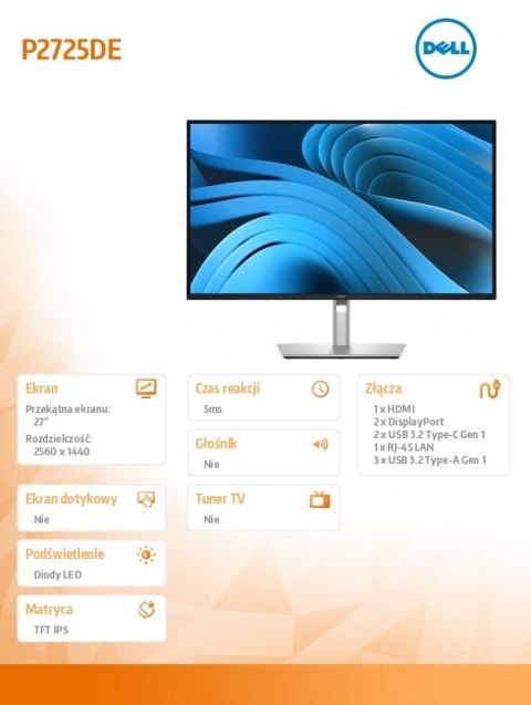 Monitor 27 cali P2725DE IPS QHD LED RJ45 HDMI DP USBC 3Y