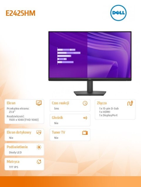 Monitor E2425HM 23 8 cala VA LED Full HD (1920x1080) 16:9 DP HDMI VGA 3Y