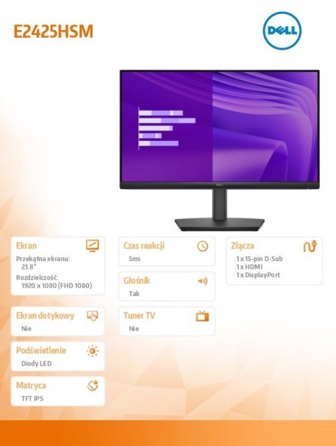 Monitor E2425HSM 23 8 cala IPS LED Full HD (1920x1080) 16:9 DP HDMI VGA Głośniki 3Y