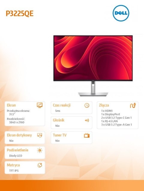 Monitor P3225QE 31 5 cala IPS 4K HDMI DP USB RJ45 3Y