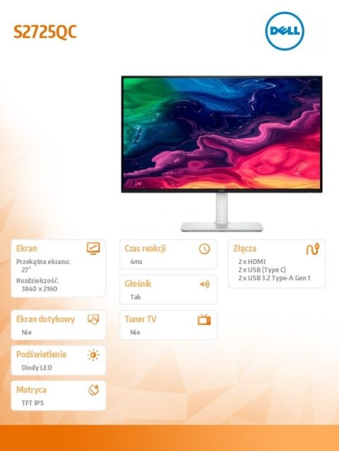 Monitor S2725QC 27 cali AMD FreeSync IPS LED 4K (3840x2160) 2xHDMI USB-C 2xUSB 3 2 Speakers 3Y