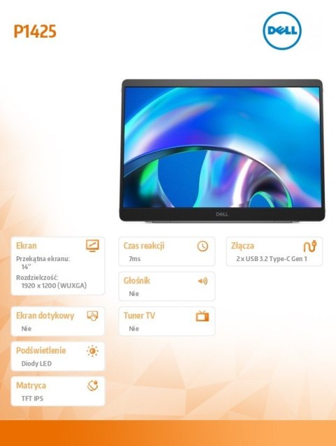 Monitor przenośny P1425 14 cali LED IPS 1920x1080 WUXGA 2xUSB-C 3Y