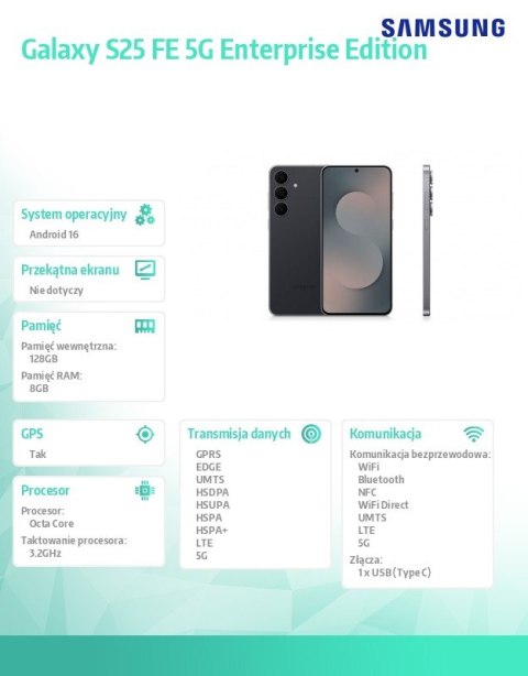 Smartfon Galaxy S25 FE 5G 8 128GB Enterprise Edition czarny