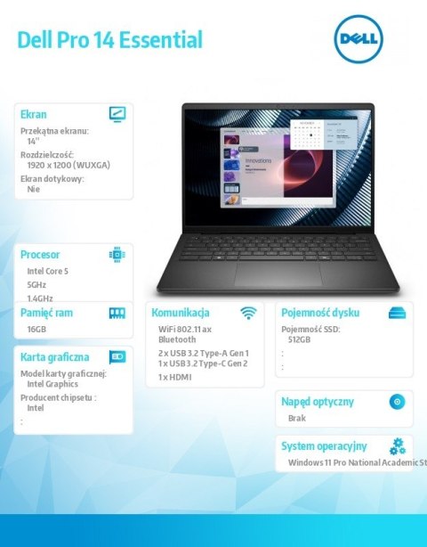 Laptop Dell Pro 14 Essential PV14250 W11P EDU C5 120U 16GB 512GB Intel Graph FgrPr WLAN+BT 14 0 BcklKb 4C 65W 5YRS Carbon Black 