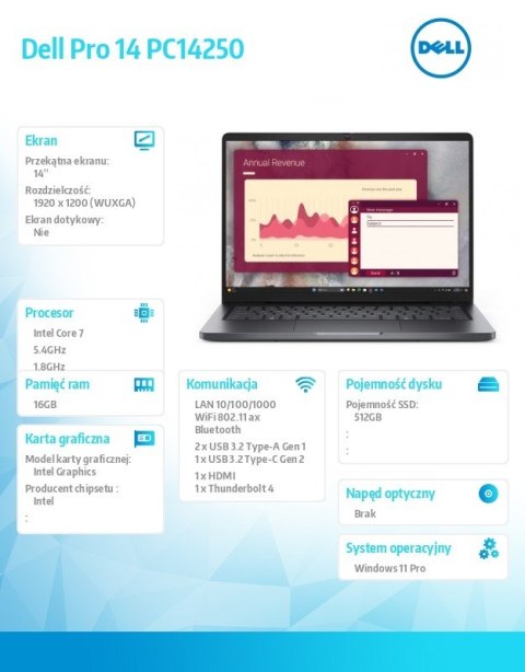 Laptop Dell Pro 14 PC14250 W11P C7 150U 16GB 512GB CL25 FgrPr FHD IR Cam&Mic WLAN+BT 14 0 FHD+ BcklKb 3C 65W 3YPS Magnetite colo